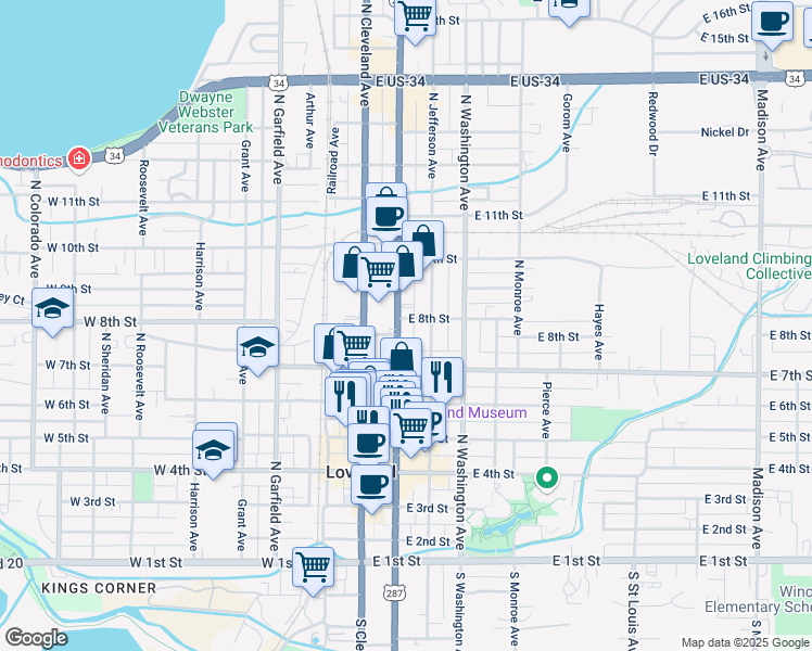 map of restaurants, bars, coffee shops, grocery stores, and more near 745 North Lincoln Avenue in Loveland