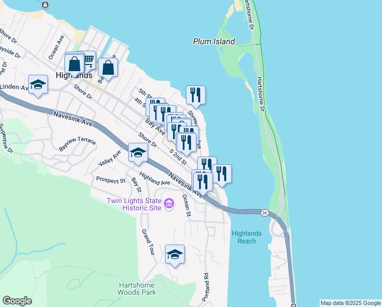 map of restaurants, bars, coffee shops, grocery stores, and more near 84 Bay Avenue in Highlands