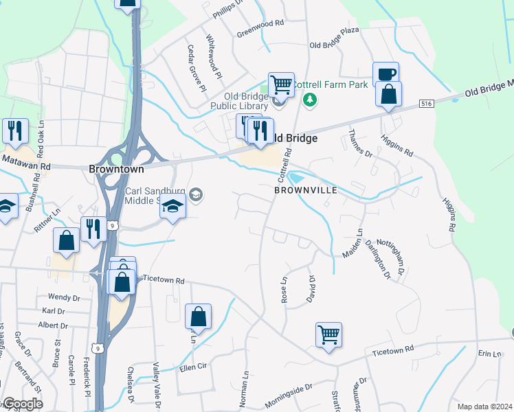 map of restaurants, bars, coffee shops, grocery stores, and more near 104 Neilly Court in Old Bridge Township