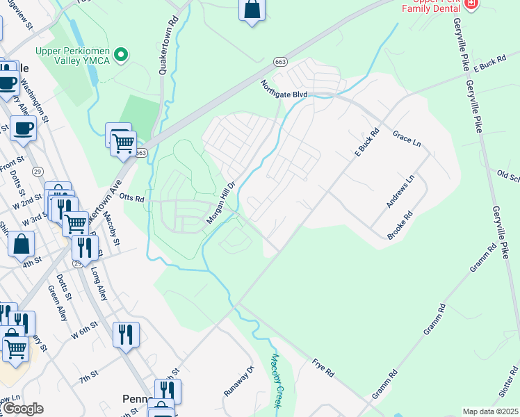 map of restaurants, bars, coffee shops, grocery stores, and more near 2013 Sunnyvale Drive in Pennsburg
