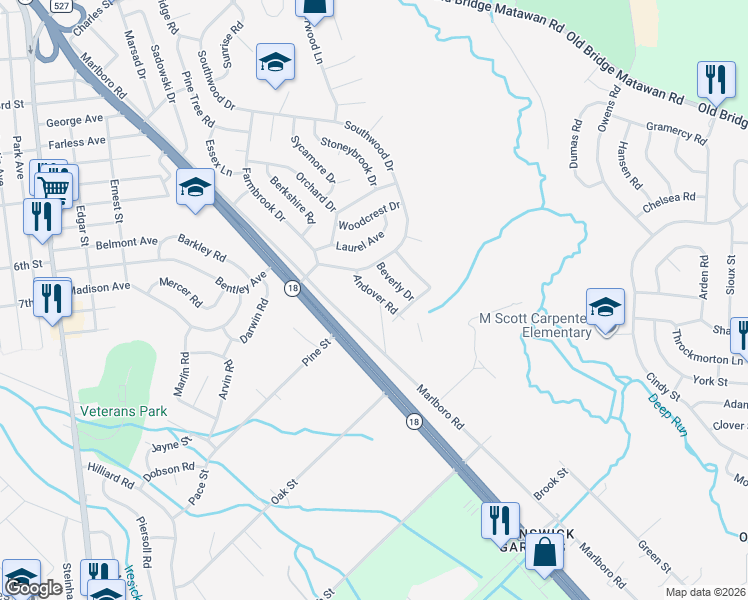 map of restaurants, bars, coffee shops, grocery stores, and more near 412 Marlboro Road in Old Bridge