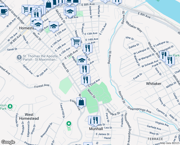 map of restaurants, bars, coffee shops, grocery stores, and more near 233 East 21st Avenue in Munhall