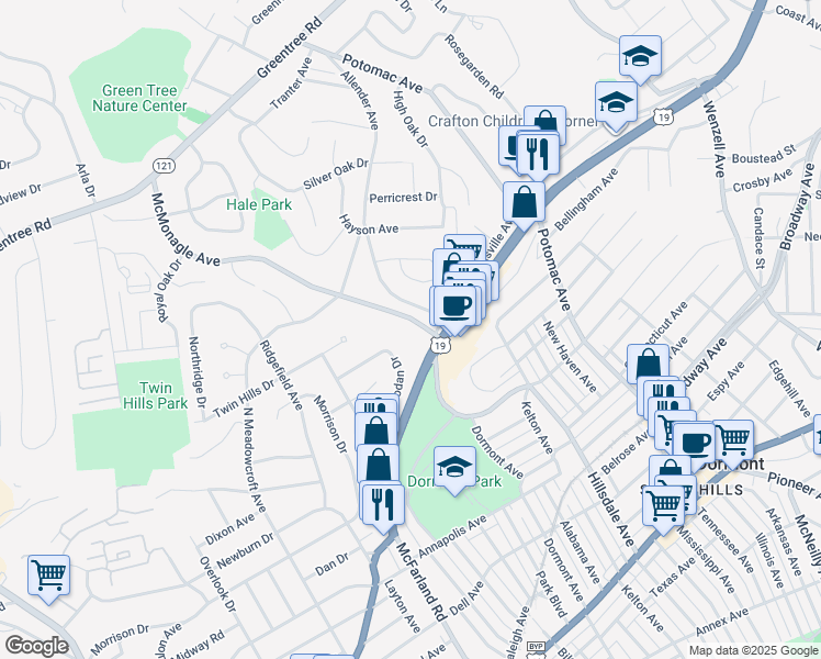 map of restaurants, bars, coffee shops, grocery stores, and more near 1766 Theodan Drive in Pittsburgh