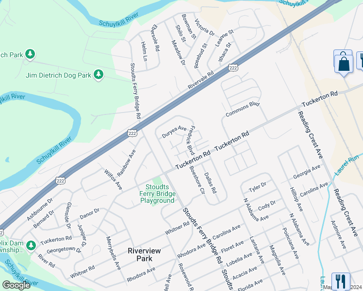 map of restaurants, bars, coffee shops, grocery stores, and more near 1120 Fredrick Boulevard in Reading