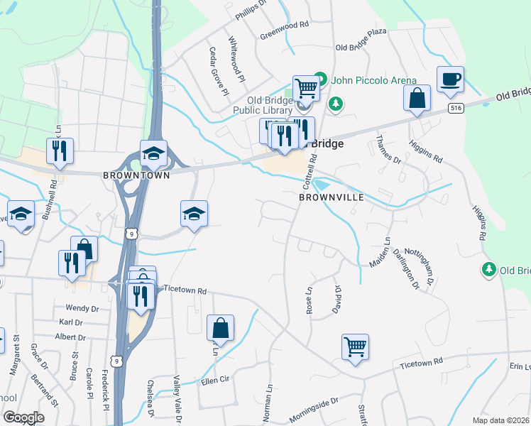 map of restaurants, bars, coffee shops, grocery stores, and more near 114 Blake Court in Old Bridge