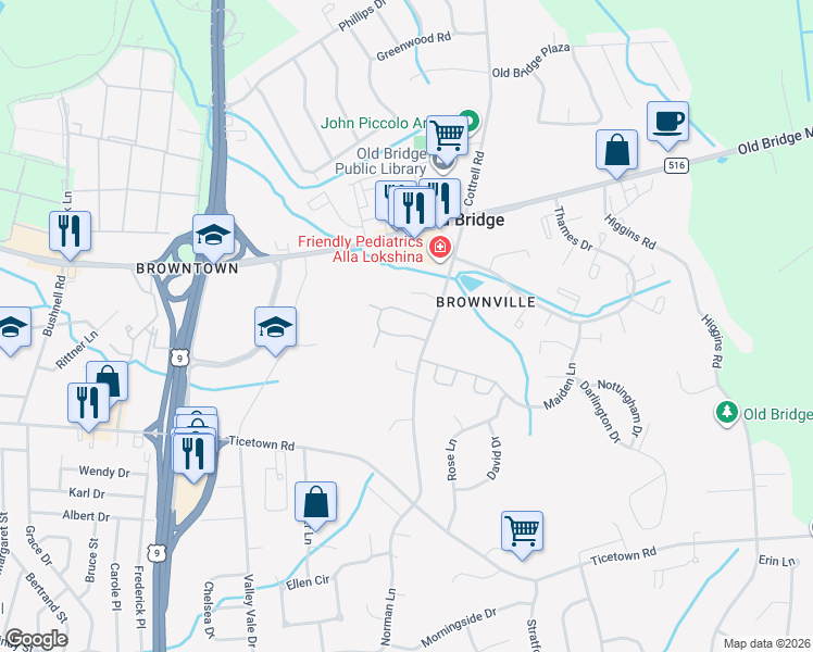 map of restaurants, bars, coffee shops, grocery stores, and more near 103 Neilly Court in Old Bridge Township