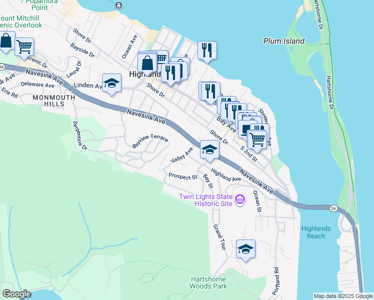 map of restaurants, bars, coffee shops, grocery stores, and more near 82 Valley Avenue in Highlands