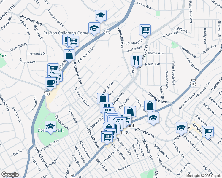 map of restaurants, bars, coffee shops, grocery stores, and more near 2800 Voelkel Avenue in Pittsburgh