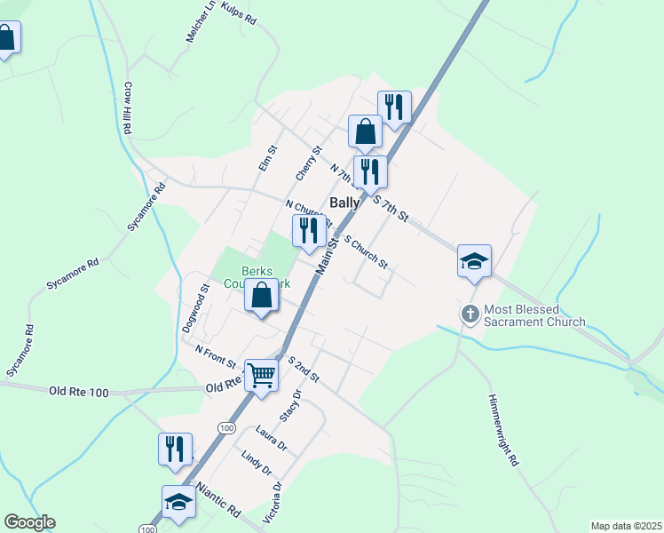 map of restaurants, bars, coffee shops, grocery stores, and more near 448 Main Street in Bally