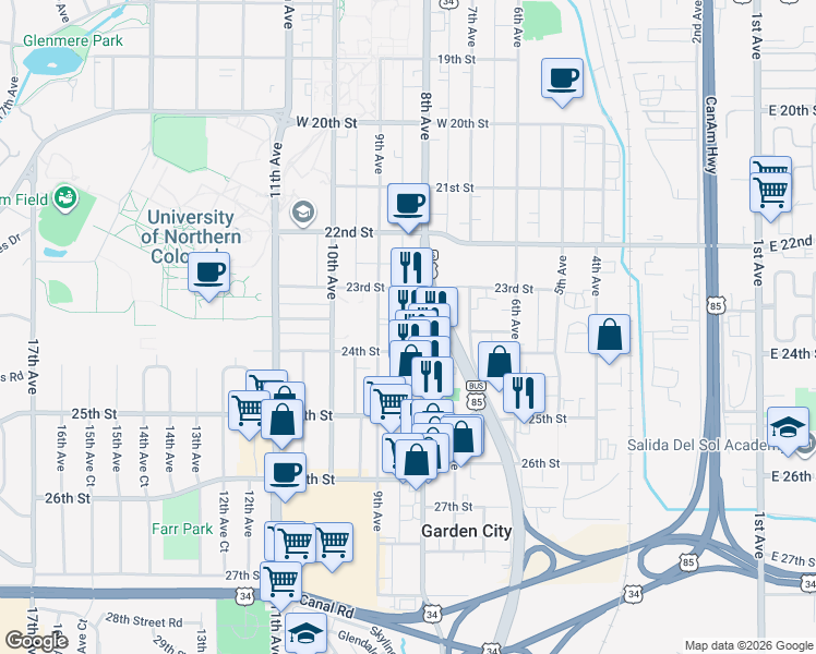 map of restaurants, bars, coffee shops, grocery stores, and more near 2324-2356 8th Avenue in Greeley