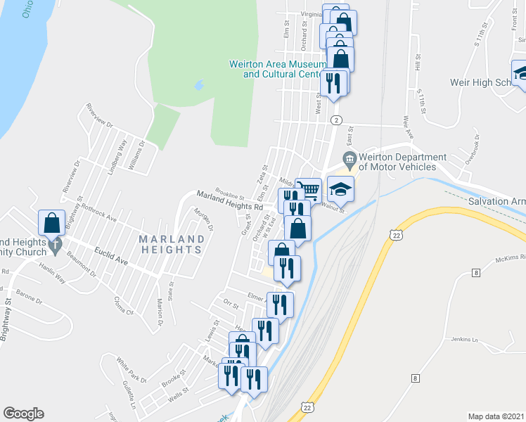 map of restaurants, bars, coffee shops, grocery stores, and more near 313 Marland Heights Road in Weirton