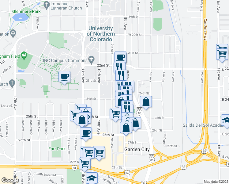 map of restaurants, bars, coffee shops, grocery stores, and more near 2330 9th Avenue in Greeley