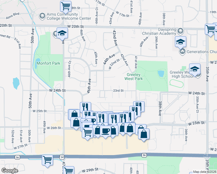 map of restaurants, bars, coffee shops, grocery stores, and more near 2351 43rd Avenue Court in Greeley