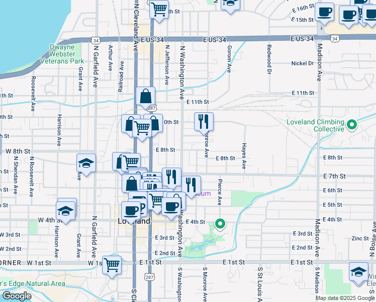 map of restaurants, bars, coffee shops, grocery stores, and more near in Loveland