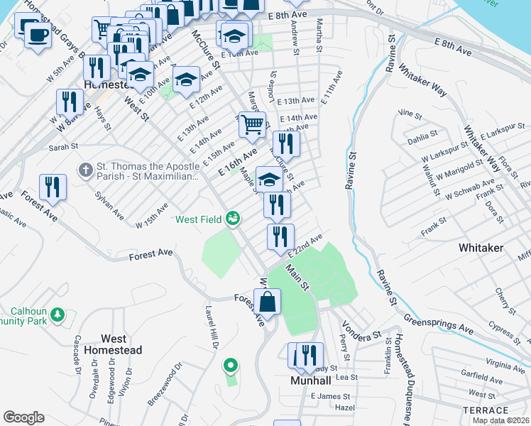 map of restaurants, bars, coffee shops, grocery stores, and more near 118 East 19th Avenue in Munhall