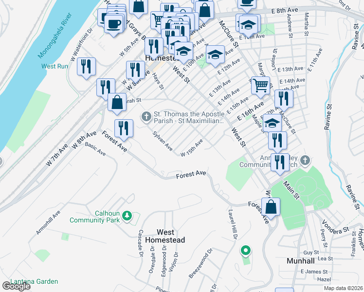 map of restaurants, bars, coffee shops, grocery stores, and more near 1405 Sylvan Avenue in Homestead