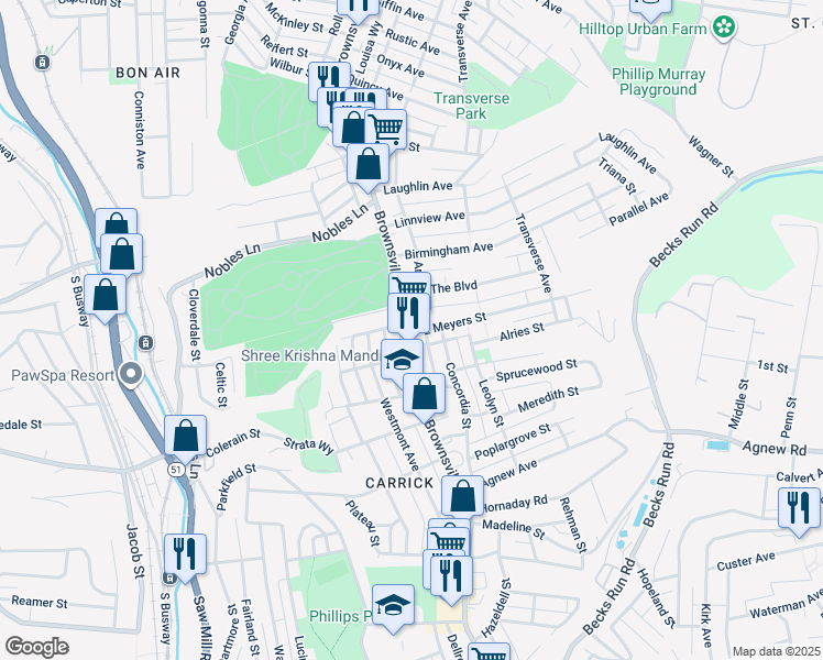 map of restaurants, bars, coffee shops, grocery stores, and more near 1607 Brownsville Road in Pittsburgh