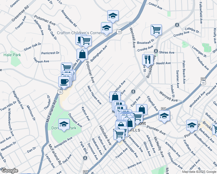 map of restaurants, bars, coffee shops, grocery stores, and more near 2823 Louisiana Avenue in Pittsburgh