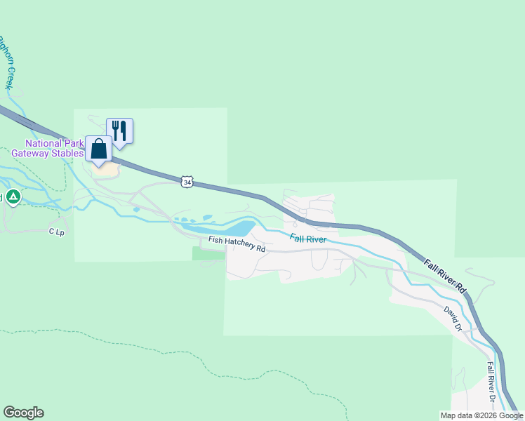 map of restaurants, bars, coffee shops, grocery stores, and more near 2840 Fall River Road in Estes Park