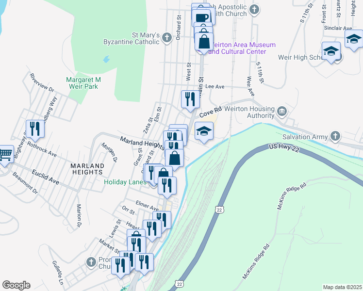 map of restaurants, bars, coffee shops, grocery stores, and more near 3536-3598 Main St in Weirton