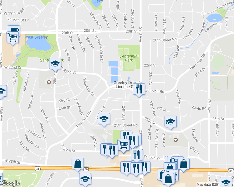 map of restaurants, bars, coffee shops, grocery stores, and more near 2420 West Reservoir Road in Greeley