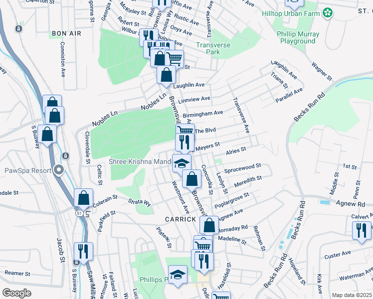 map of restaurants, bars, coffee shops, grocery stores, and more near 1607 Brownsville Road in Pittsburgh