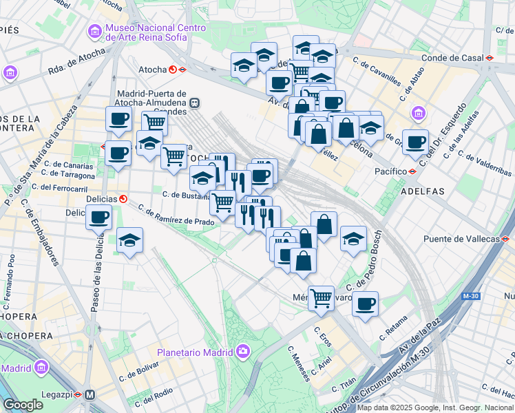 map of restaurants, bars, coffee shops, grocery stores, and more near 31 Calle de Méndez Álvaro in Madrid