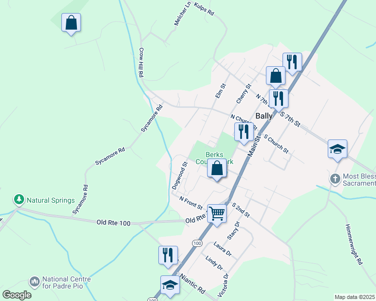 map of restaurants, bars, coffee shops, grocery stores, and more near 411 Dogwood Street in Bally