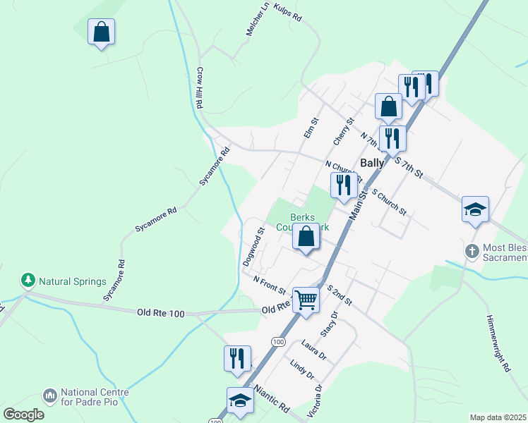 map of restaurants, bars, coffee shops, grocery stores, and more near 411 Dogwood Street in Bally