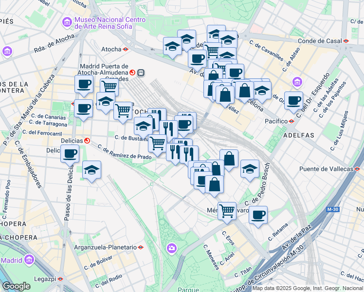 map of restaurants, bars, coffee shops, grocery stores, and more near 31 Calle de Méndez Álvaro in Madrid