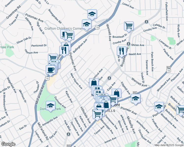 map of restaurants, bars, coffee shops, grocery stores, and more near 2823 Louisiana Avenue in Pittsburgh