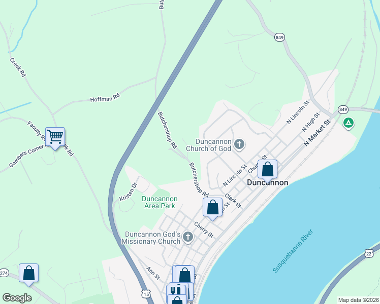 map of restaurants, bars, coffee shops, grocery stores, and more near 100 Butchershop Road in Duncannon