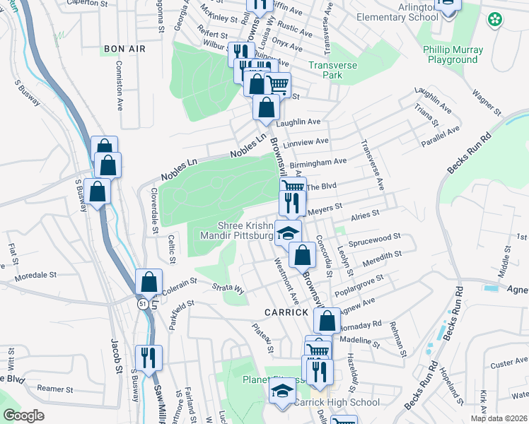 map of restaurants, bars, coffee shops, grocery stores, and more near 1612 Westmont Avenue in Pittsburgh