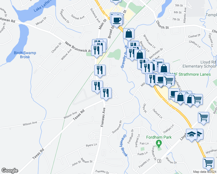map of restaurants, bars, coffee shops, grocery stores, and more near 234 Sloan Court in Matawan