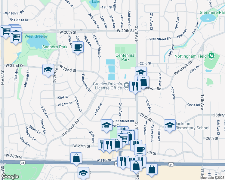 map of restaurants, bars, coffee shops, grocery stores, and more near 2449 West 24th Street Road in Greeley