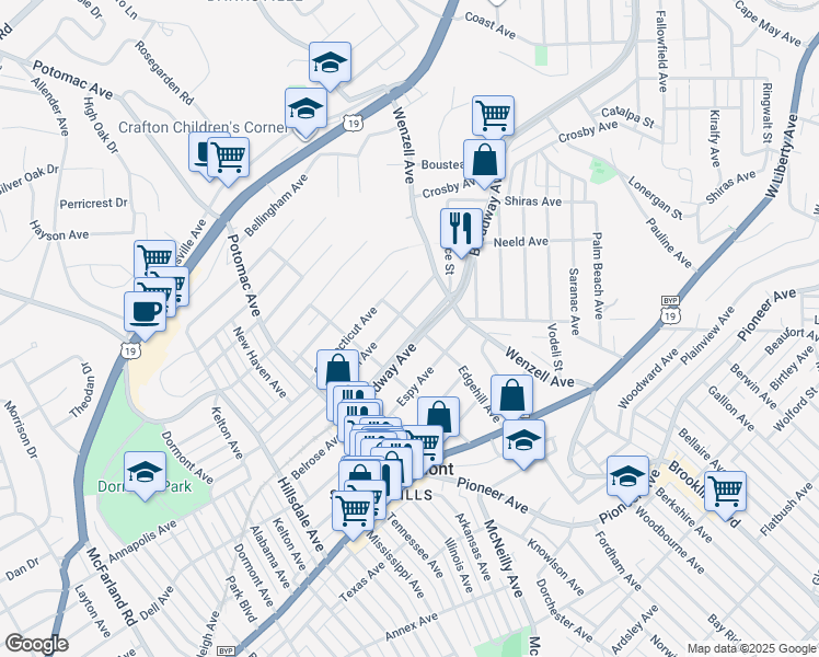 map of restaurants, bars, coffee shops, grocery stores, and more near 2728 Broadway Avenue in Pittsburgh