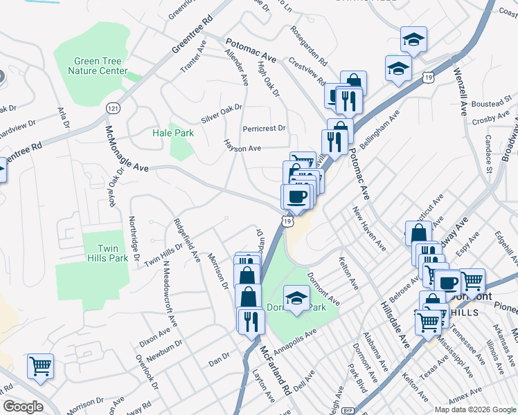 map of restaurants, bars, coffee shops, grocery stores, and more near in Allegheny County