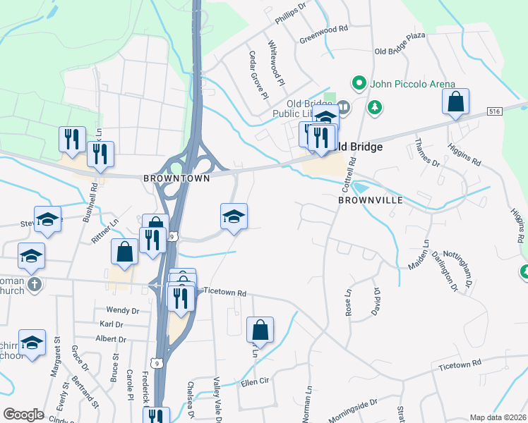 map of restaurants, bars, coffee shops, grocery stores, and more near 3439 County Road 516 in Old Bridge