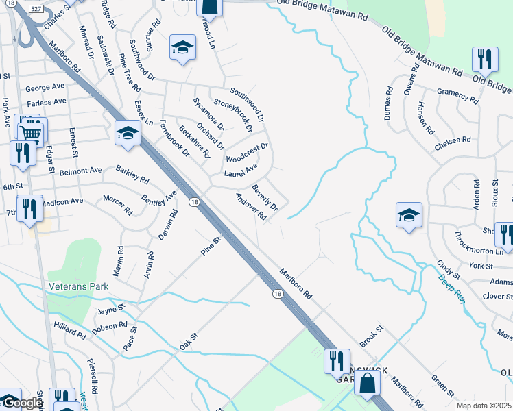 map of restaurants, bars, coffee shops, grocery stores, and more near 11 Andover Road in Old Bridge