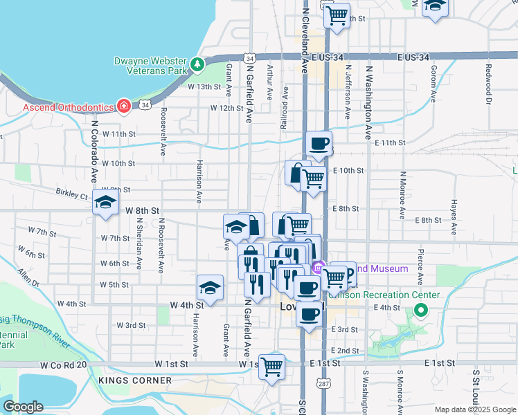 map of restaurants, bars, coffee shops, grocery stores, and more near 713 North Garfield Avenue in Loveland