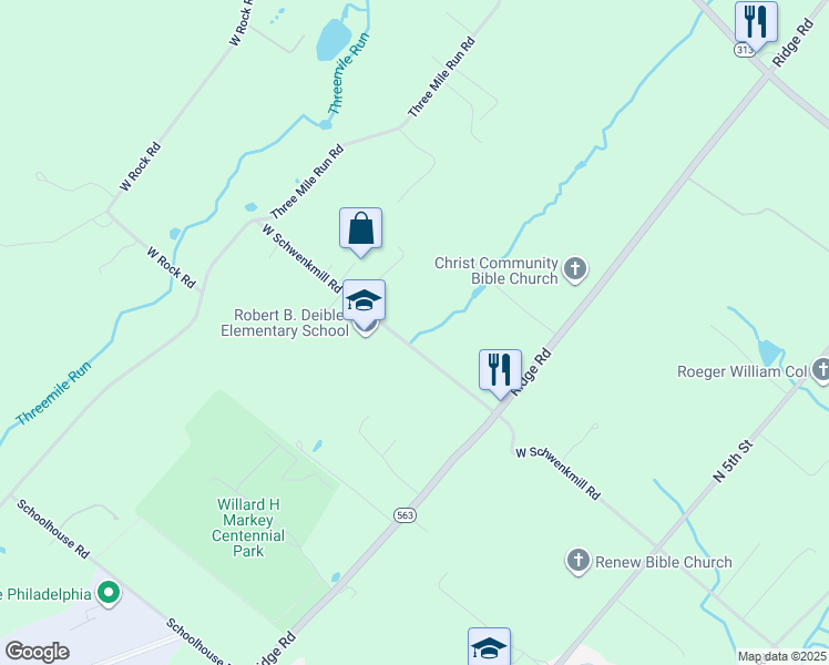 map of restaurants, bars, coffee shops, grocery stores, and more near 1109 West Schwenkmill Road in Perkasie