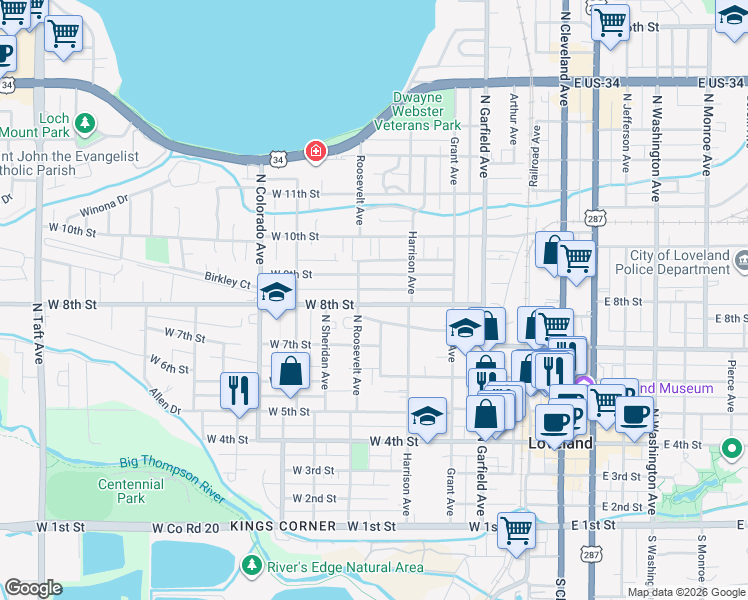 map of restaurants, bars, coffee shops, grocery stores, and more near 458 West 8th Street in Loveland