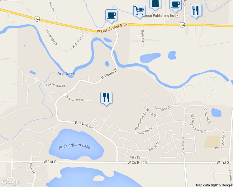 map of restaurants, bars, coffee shops, grocery stores, and more near 701 Clubhouse Drive in Loveland
