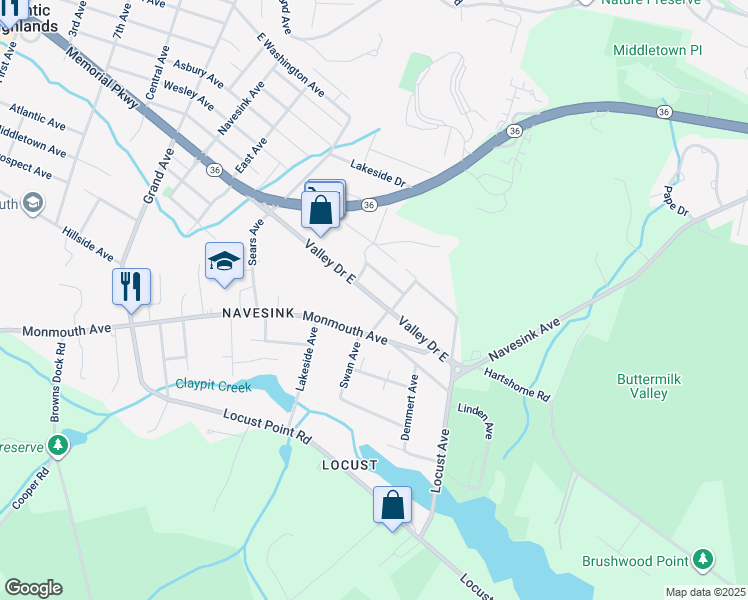 map of restaurants, bars, coffee shops, grocery stores, and more near 54 Valley Drive East in Atlantic Highlands