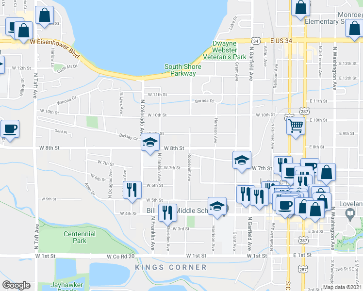 map of restaurants, bars, coffee shops, grocery stores, and more near 535 West 8th Street in Loveland