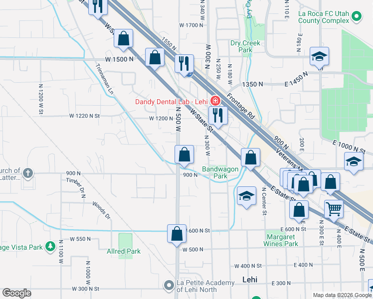map of restaurants, bars, coffee shops, grocery stores, and more near 409 West 1050 North in Lehi