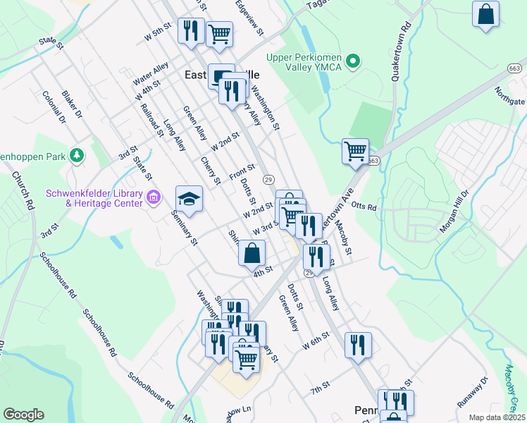 map of restaurants, bars, coffee shops, grocery stores, and more near 202 Dotts Street in Pennsburg