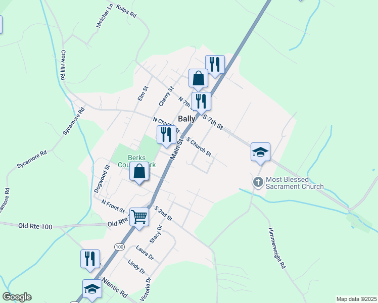 map of restaurants, bars, coffee shops, grocery stores, and more near 28 North Church Street in Bally