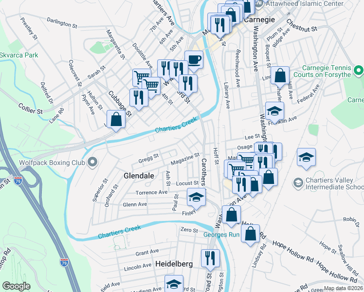 map of restaurants, bars, coffee shops, grocery stores, and more near 434 Kismet Street in Carnegie