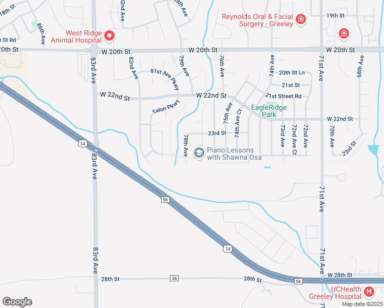 map of restaurants, bars, coffee shops, grocery stores, and more near 7712 Talon Parkway in Greeley